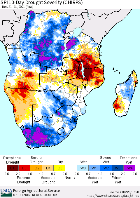 Southern Africa SPI 10-Day Drought Severity (CHIRPS) Thematic Map For 12/21/2021 - 12/31/2021