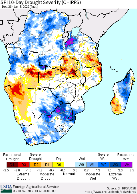 Southern Africa SPI 10-Day Drought Severity (CHIRPS) Thematic Map For 12/26/2021 - 1/5/2022