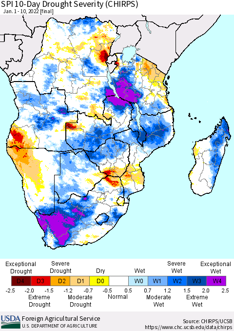 Southern Africa SPI 10-Day Drought Severity (CHIRPS) Thematic Map For 1/1/2022 - 1/10/2022