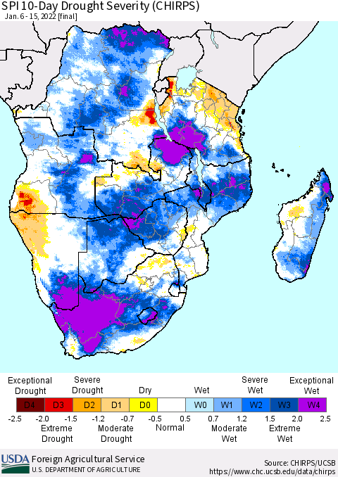 Southern Africa SPI 10-Day Drought Severity (CHIRPS) Thematic Map For 1/6/2022 - 1/15/2022