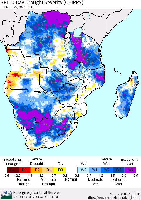 Southern Africa SPI 10-Day Drought Severity (CHIRPS) Thematic Map For 1/11/2022 - 1/20/2022