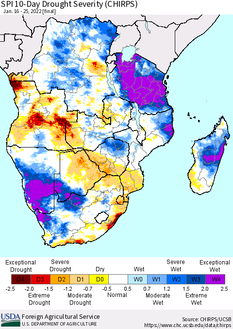 Southern Africa SPI 10-Day Drought Severity (CHIRPS) Thematic Map For 1/16/2022 - 1/25/2022
