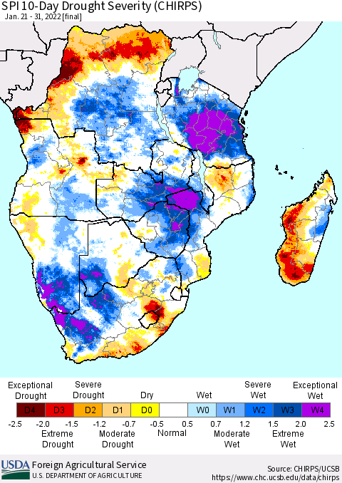 Southern Africa SPI 10-Day Drought Severity (CHIRPS) Thematic Map For 1/21/2022 - 1/31/2022
