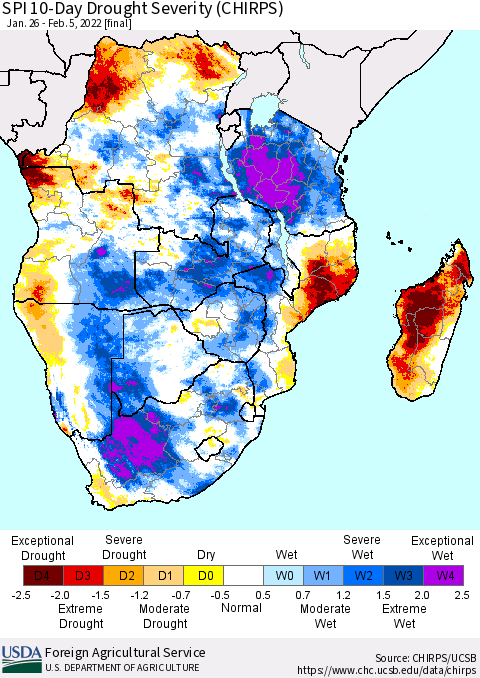 Southern Africa SPI 10-Day Drought Severity (CHIRPS) Thematic Map For 1/26/2022 - 2/5/2022