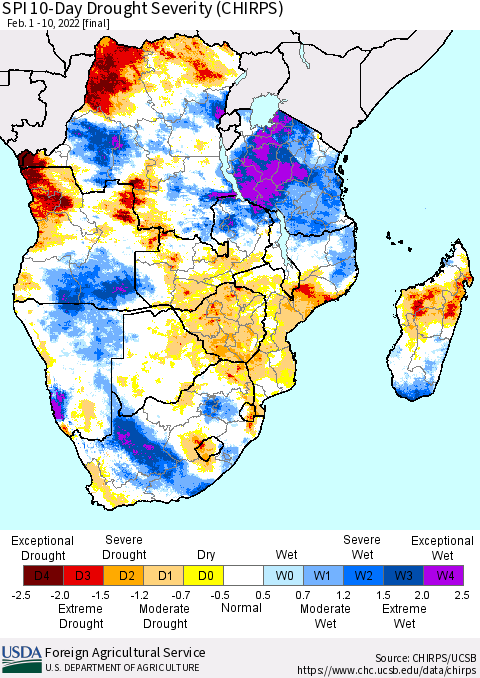 Southern Africa SPI 10-Day Drought Severity (CHIRPS) Thematic Map For 2/1/2022 - 2/10/2022