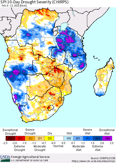 Southern Africa SPI 10-Day Drought Severity (CHIRPS) Thematic Map For 2/6/2022 - 2/15/2022
