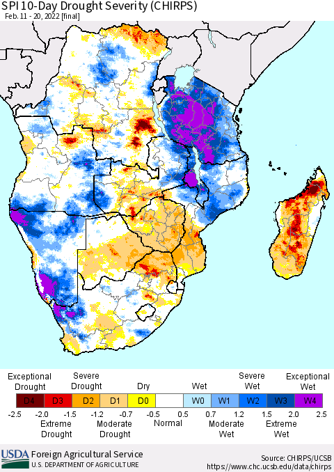 Southern Africa SPI 10-Day Drought Severity (CHIRPS) Thematic Map For 2/11/2022 - 2/20/2022