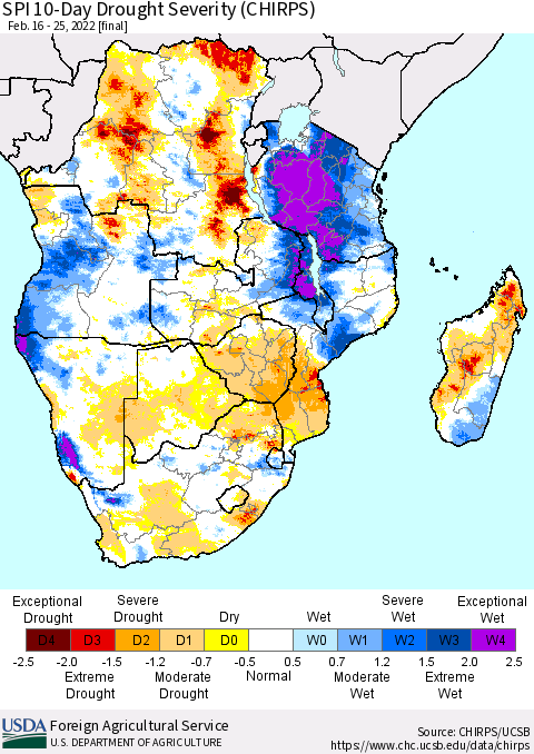 Southern Africa SPI 10-Day Drought Severity (CHIRPS) Thematic Map For 2/16/2022 - 2/25/2022
