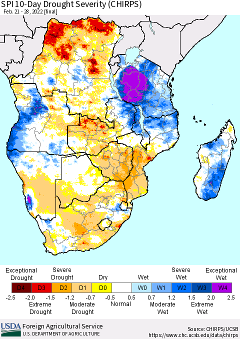 Southern Africa SPI 10-Day Drought Severity (CHIRPS) Thematic Map For 2/21/2022 - 2/28/2022
