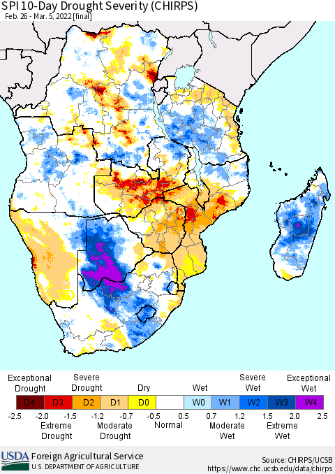 Southern Africa SPI 10-Day Drought Severity (CHIRPS) Thematic Map For 2/26/2022 - 3/5/2022