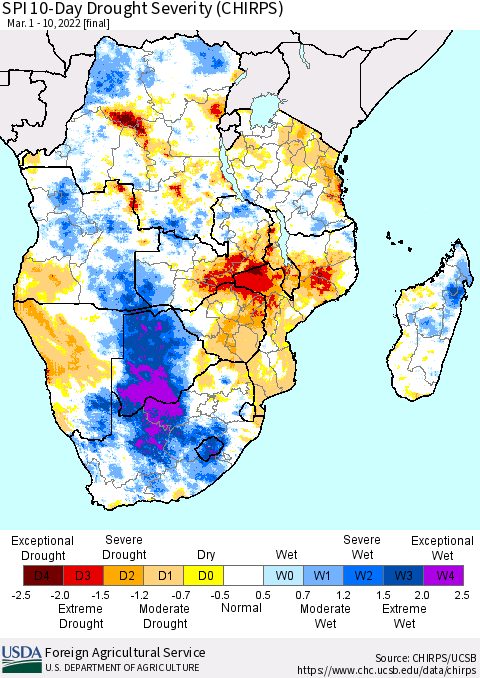 Southern Africa SPI 10-Day Drought Severity (CHIRPS) Thematic Map For 3/1/2022 - 3/10/2022