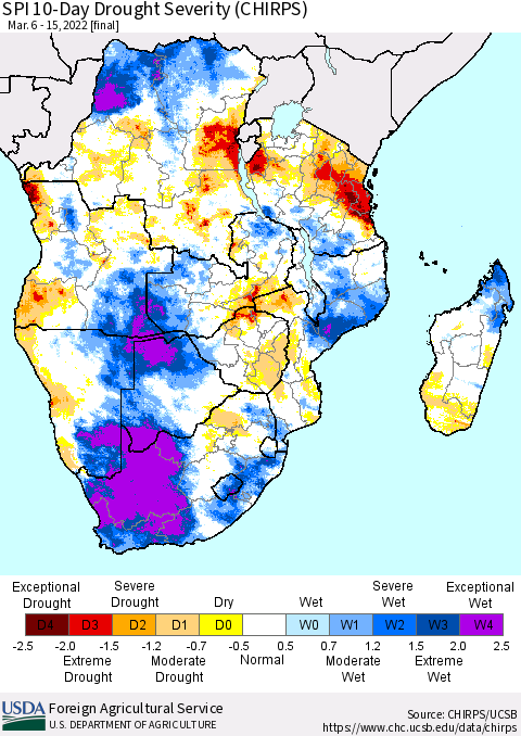 Southern Africa SPI 10-Day Drought Severity (CHIRPS) Thematic Map For 3/6/2022 - 3/15/2022