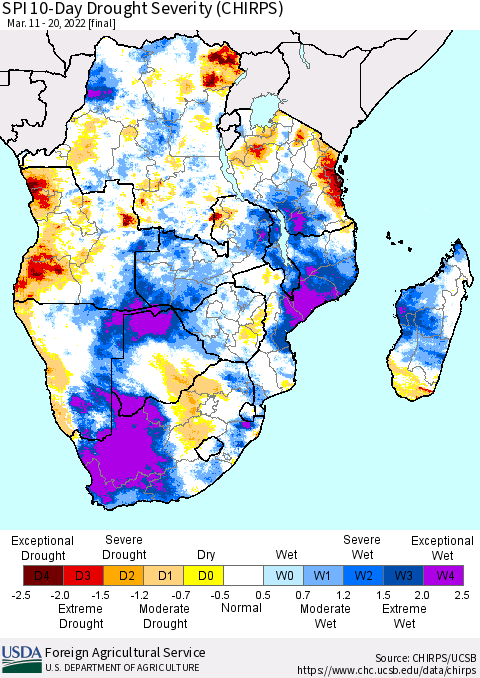 Southern Africa SPI 10-Day Drought Severity (CHIRPS) Thematic Map For 3/11/2022 - 3/20/2022