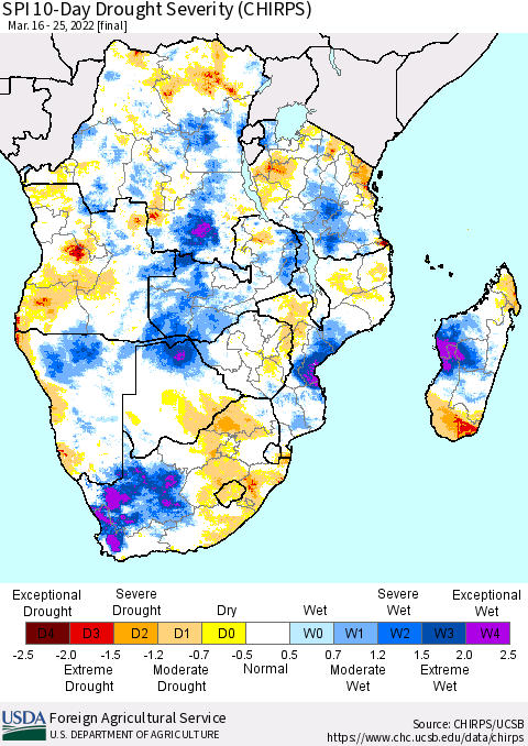 Southern Africa SPI 10-Day Drought Severity (CHIRPS) Thematic Map For 3/16/2022 - 3/25/2022