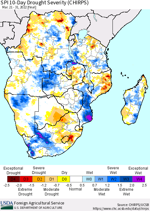 Southern Africa SPI 10-Day Drought Severity (CHIRPS) Thematic Map For 3/21/2022 - 3/31/2022