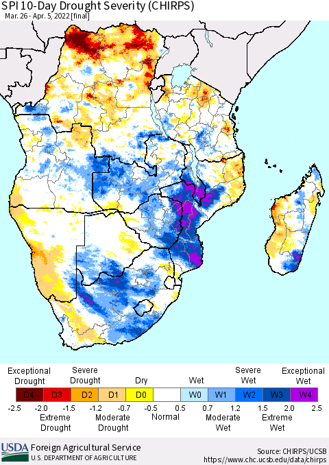 Southern Africa SPI 10-Day Drought Severity (CHIRPS) Thematic Map For 3/26/2022 - 4/5/2022