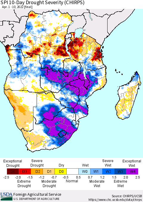 Southern Africa SPI 10-Day Drought Severity (CHIRPS) Thematic Map For 4/1/2022 - 4/10/2022