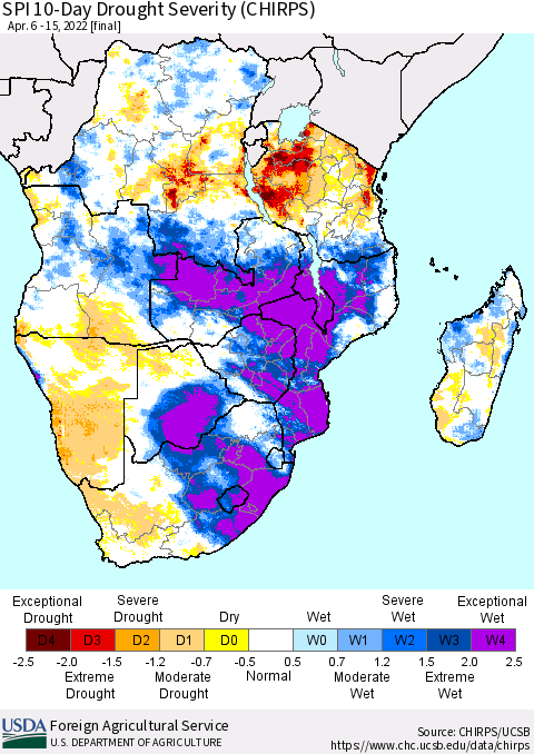 Southern Africa SPI 10-Day Drought Severity (CHIRPS) Thematic Map For 4/6/2022 - 4/15/2022