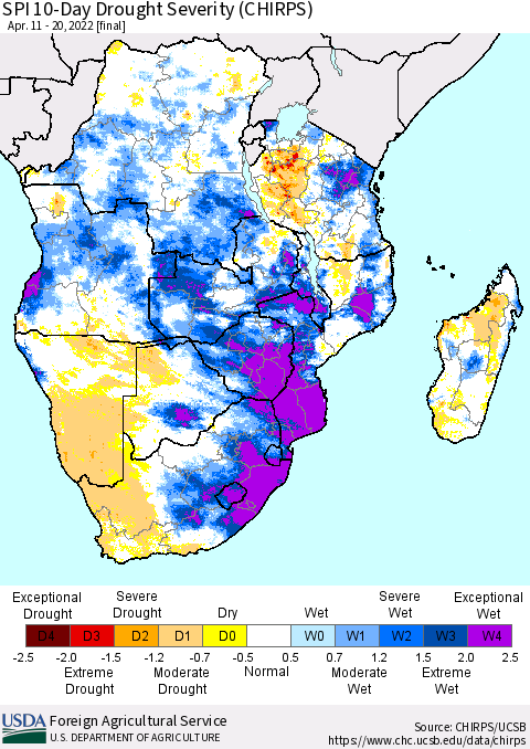 Southern Africa SPI 10-Day Drought Severity (CHIRPS) Thematic Map For 4/11/2022 - 4/20/2022