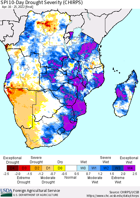 Southern Africa SPI 10-Day Drought Severity (CHIRPS) Thematic Map For 4/16/2022 - 4/25/2022