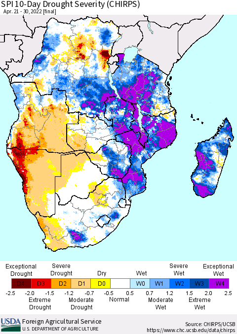 Southern Africa SPI 10-Day Drought Severity (CHIRPS) Thematic Map For 4/21/2022 - 4/30/2022