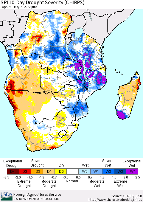 Southern Africa SPI 10-Day Drought Severity (CHIRPS) Thematic Map For 4/26/2022 - 5/5/2022