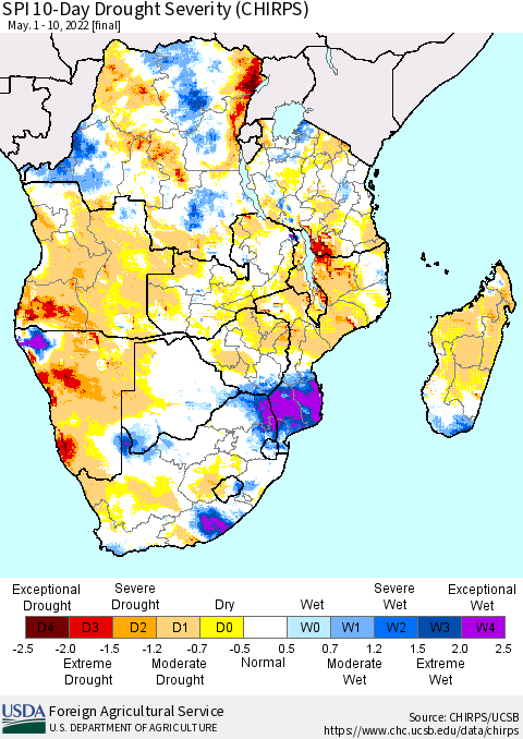Southern Africa SPI 10-Day Drought Severity (CHIRPS) Thematic Map For 5/1/2022 - 5/10/2022