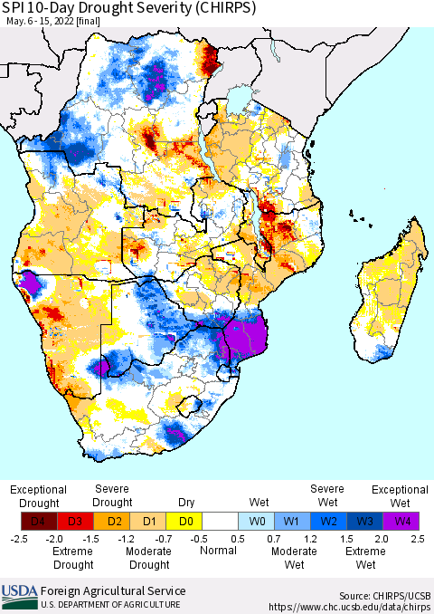 Southern Africa SPI 10-Day Drought Severity (CHIRPS) Thematic Map For 5/6/2022 - 5/15/2022
