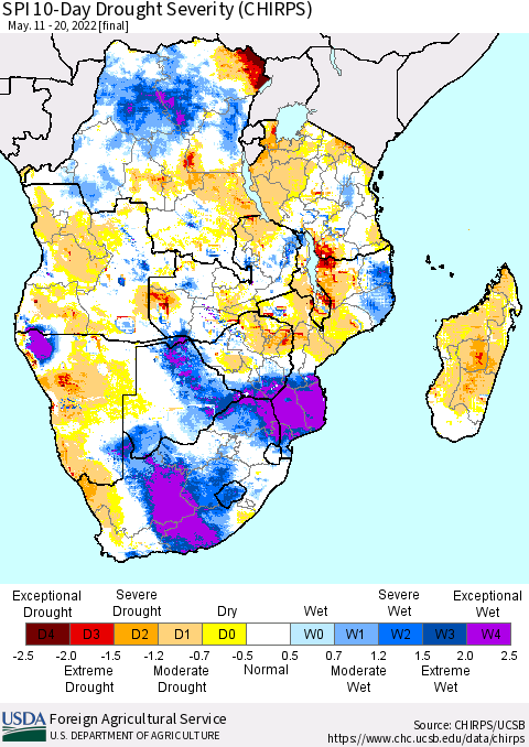 Southern Africa SPI 10-Day Drought Severity (CHIRPS) Thematic Map For 5/11/2022 - 5/20/2022