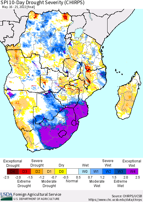 Southern Africa SPI 10-Day Drought Severity (CHIRPS) Thematic Map For 5/16/2022 - 5/25/2022