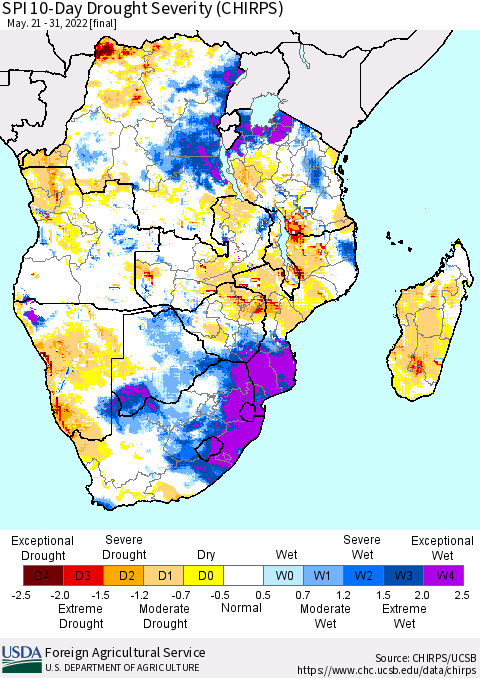 Southern Africa SPI 10-Day Drought Severity (CHIRPS) Thematic Map For 5/21/2022 - 5/31/2022