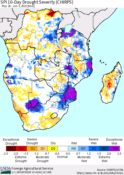 Southern Africa SPI 10-Day Drought Severity (CHIRPS) Thematic Map For 5/26/2022 - 6/5/2022