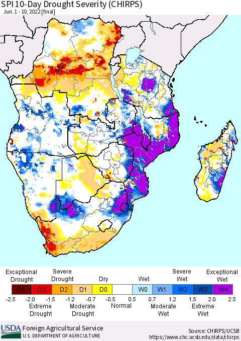 Southern Africa SPI 10-Day Drought Severity (CHIRPS) Thematic Map For 6/1/2022 - 6/10/2022