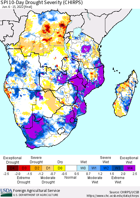 Southern Africa SPI 10-Day Drought Severity (CHIRPS) Thematic Map For 6/6/2022 - 6/15/2022