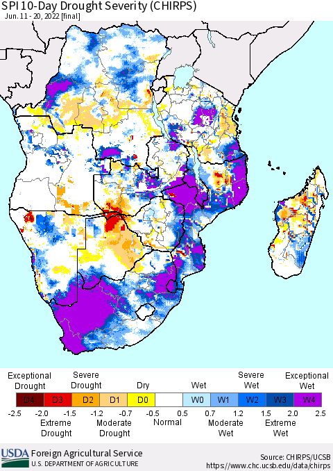 Southern Africa SPI 10-Day Drought Severity (CHIRPS) Thematic Map For 6/11/2022 - 6/20/2022