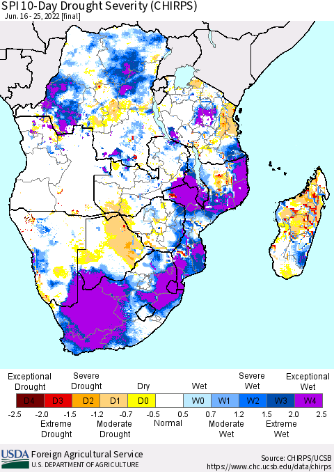 Southern Africa SPI 10-Day Drought Severity (CHIRPS) Thematic Map For 6/16/2022 - 6/25/2022