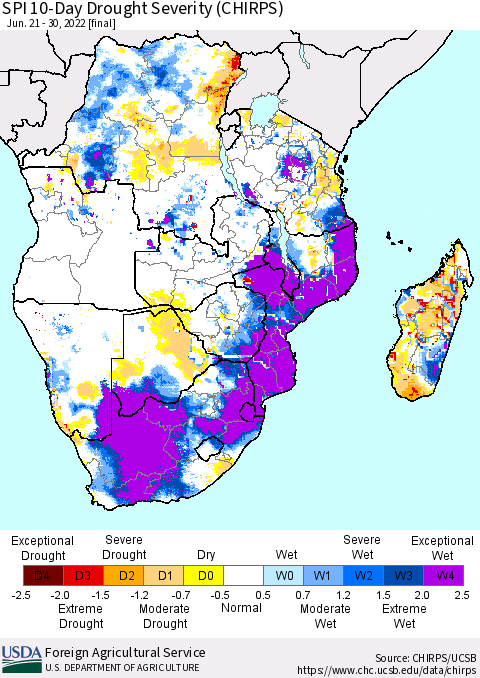 Southern Africa SPI 10-Day Drought Severity (CHIRPS) Thematic Map For 6/21/2022 - 6/30/2022