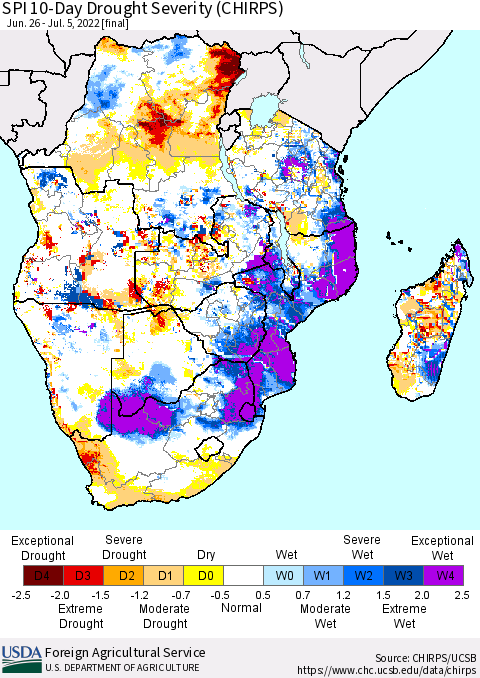 Southern Africa SPI 10-Day Drought Severity (CHIRPS) Thematic Map For 6/26/2022 - 7/5/2022