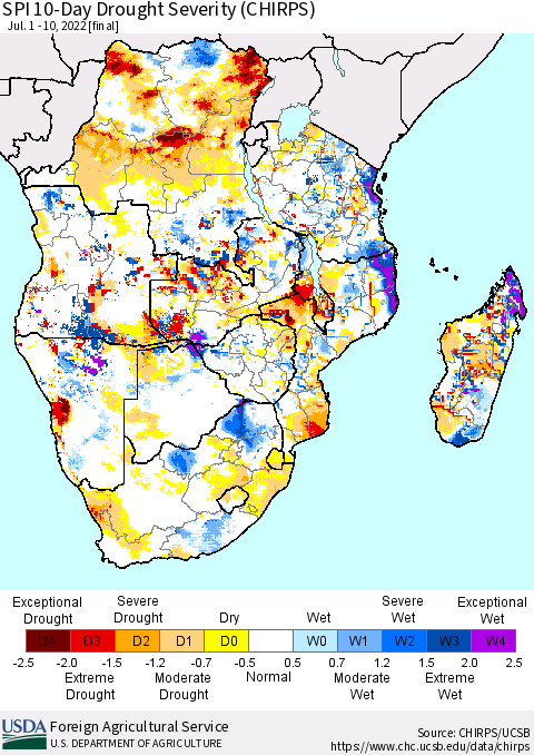 Southern Africa SPI 10-Day Drought Severity (CHIRPS) Thematic Map For 7/1/2022 - 7/10/2022