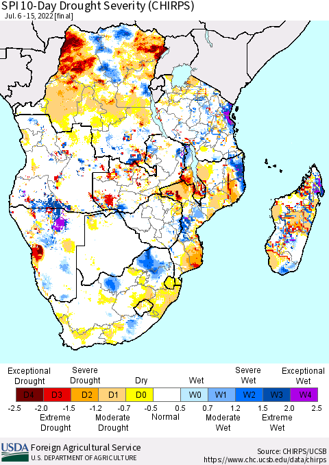 Southern Africa SPI 10-Day Drought Severity (CHIRPS) Thematic Map For 7/6/2022 - 7/15/2022