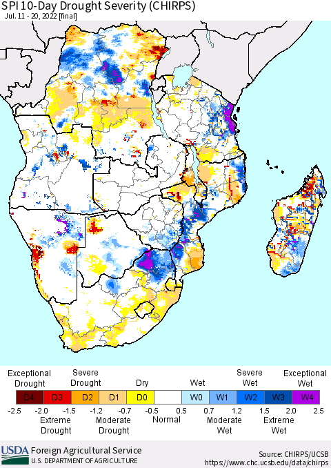 Southern Africa SPI 10-Day Drought Severity (CHIRPS) Thematic Map For 7/11/2022 - 7/20/2022