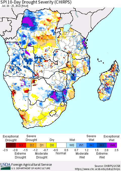 Southern Africa SPI 10-Day Drought Severity (CHIRPS) Thematic Map For 7/16/2022 - 7/25/2022