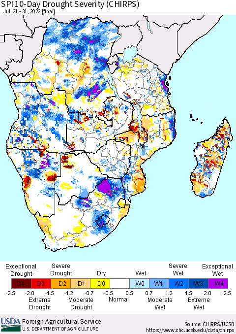 Southern Africa SPI 10-Day Drought Severity (CHIRPS) Thematic Map For 7/21/2022 - 7/31/2022