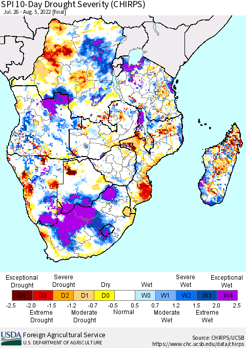 Southern Africa SPI 10-Day Drought Severity (CHIRPS) Thematic Map For 7/26/2022 - 8/5/2022