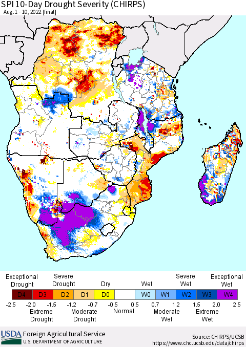 Southern Africa SPI 10-Day Drought Severity (CHIRPS) Thematic Map For 8/1/2022 - 8/10/2022