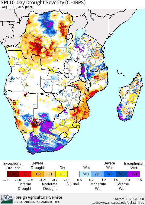 Southern Africa SPI 10-Day Drought Severity (CHIRPS) Thematic Map For 8/6/2022 - 8/15/2022