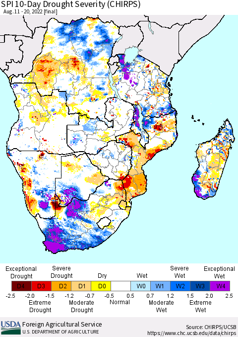 Southern Africa SPI 10-Day Drought Severity (CHIRPS) Thematic Map For 8/11/2022 - 8/20/2022