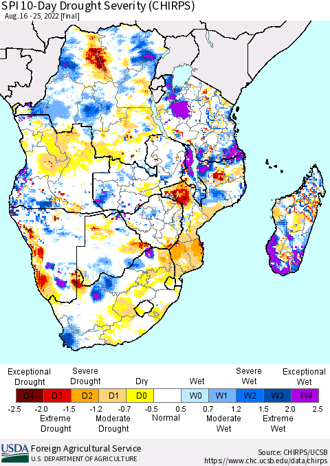 Southern Africa SPI 10-Day Drought Severity (CHIRPS) Thematic Map For 8/16/2022 - 8/25/2022