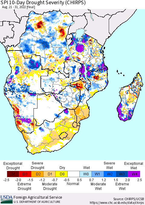 Southern Africa SPI 10-Day Drought Severity (CHIRPS) Thematic Map For 8/21/2022 - 8/31/2022
