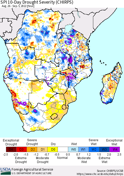 Southern Africa SPI 10-Day Drought Severity (CHIRPS) Thematic Map For 8/26/2022 - 9/5/2022
